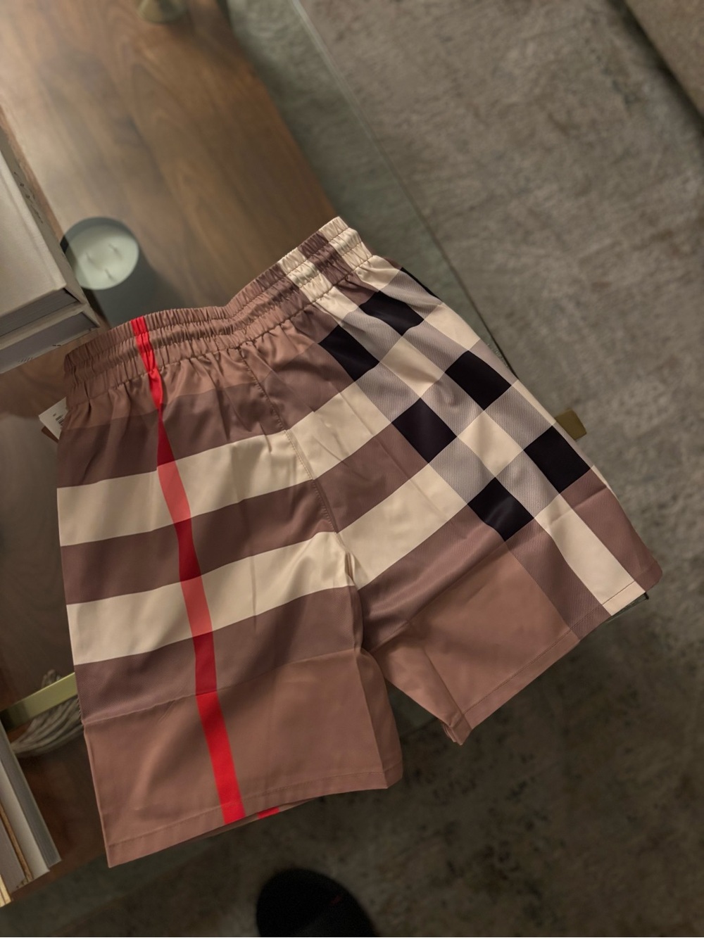 Men’s Burberry, Cream & Red Striped Drawstring Shorts
